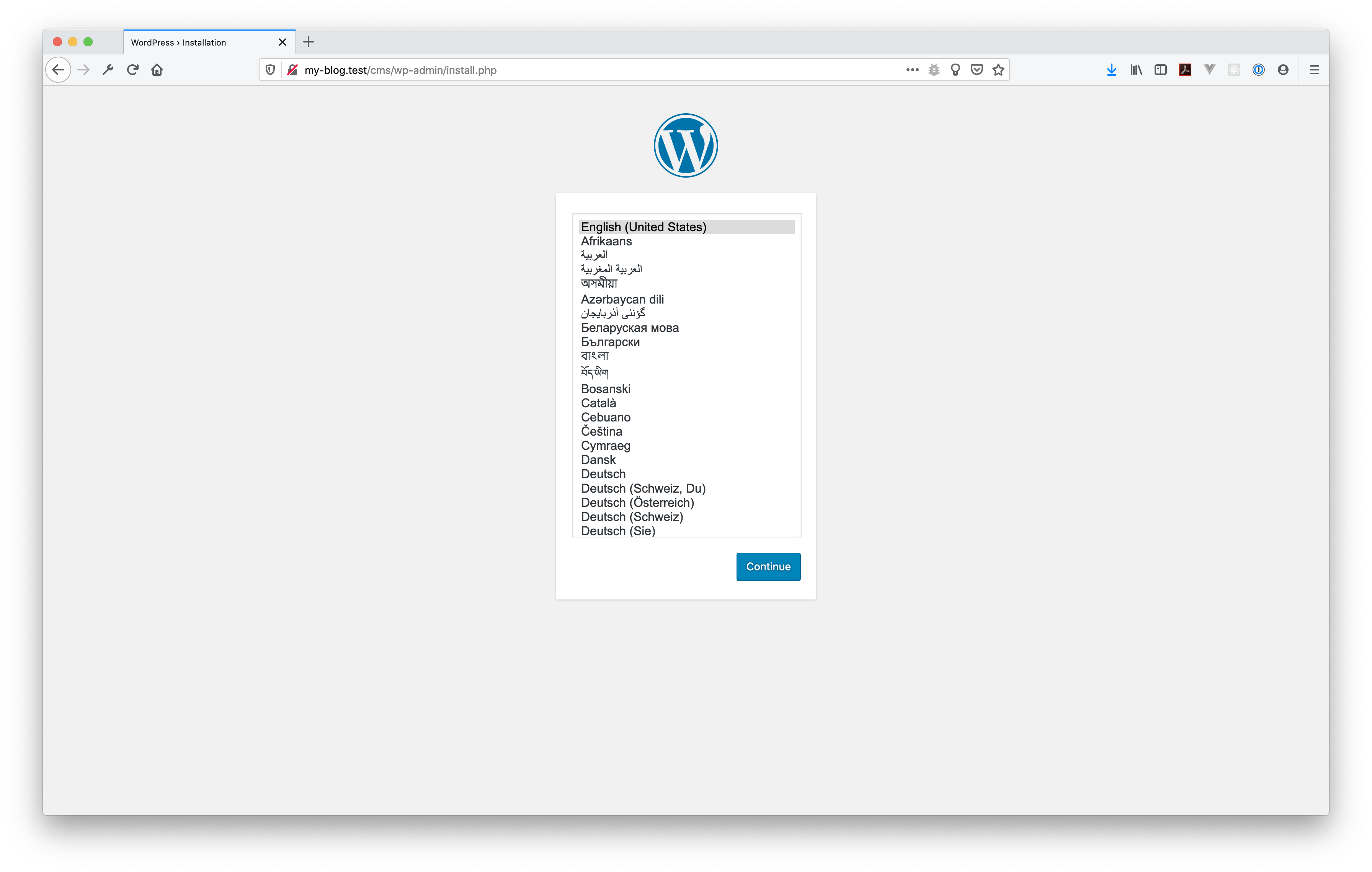 my-blog WordPress installation screen.